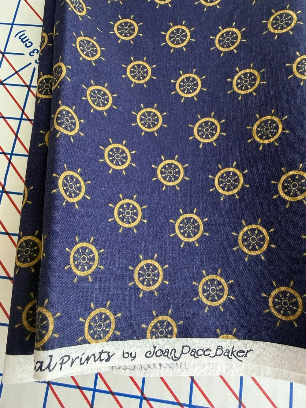 Vintage Joan Pace Baker Nautical Prints Cotton Fabric Ship Wheel Navy Gold